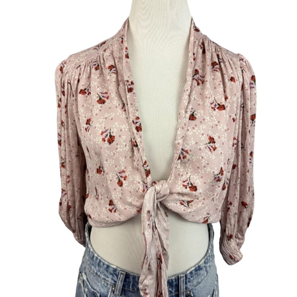 Zara Shirt Womens Small Pink Floral Tie Front Crop Top Long Sleeve Boho‎ Blouse